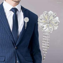 Decorative Flowers Promotional Groom Corsage Rhinestone Ribbon Fake Flower Handmade Men's Suit Lapel Pin Business Party XH068B