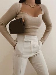 Women's Jumpsuits Rompers Stylish Chic Beige Knitted Cropped Blouses Women Fashion Sexy Square Collar Shirts Girls Streetwear Casual Tops 221123