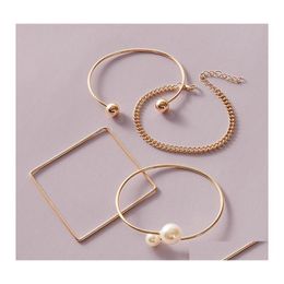 Charm Bracelets 4 Pcs/Set Round Square Pearl Bracelets Set Mtilayer Adjustable Open Bracelet For Women Bangles Femme Jewelry Drop Del Dhcy6