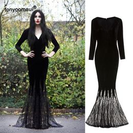 Temadräkt halloween cosplay morticia addams spöke häxa vuxna kvinnor skräck svart gotisk spetsklänning klänning robe party carnival 221124