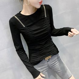 Women's TShirt Round Collar Solid Full Sleeve Cropped Tshirts Girls Chic Wrinkled Slim Tshirts Hollow Out Tops For Woman 221124