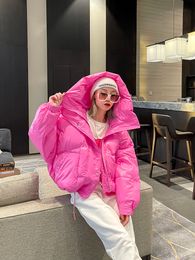 Womens Down Parkas Street Jacket Short Candy Colour Allmatch Bread Coat Women Shiny Warm Big Hooded Cotton Padded Fashion Winter Lady 221124