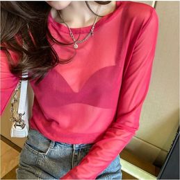 Women's TShirt Size M3XL Girls Mesh TShirts Tees Female Transparent Full Sleeve Oneck Thin Tshirt Tops Undershirts Women 221124