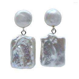 Dangle Earrings Women's White Large Square Pearl Design Baroque Pendant Double Beads Vintage