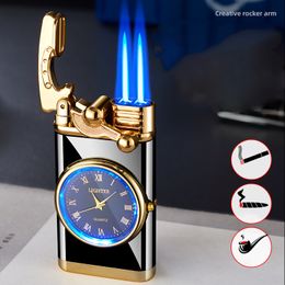 Windproof Cool Luminous Rocker Watch Lighter Metal Colored Lamp Gas Dial Lighter Jet Butane Double Torch Lighter Men Gift