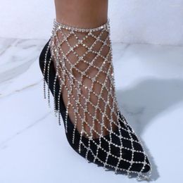 Anklets Stonefans Full Rhinestone High Heel Anklet Leg Bracelet For Women Exaggerated Hollow Mesh Tassel Foot Jewellery