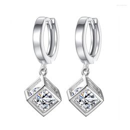 Hoop Earrings S925 Silver Earring Elegance Cube With Crystal For Women Wedding Gift Lady Girl Fashion Jewellery