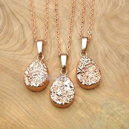 Pendant Necklaces NM15760 10Pcs Electroplating Rose Gold Pear Shape Chains Druzy Crystal For Sale 18inch