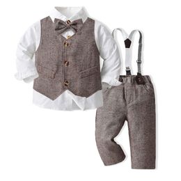 Children Baby Gentleman Clothing Sets Toddler Boy Bow Tie Turn-Down Collar Long Sleeve Shirt Suspender Pants Suit Autumn Party Birthday Outfits