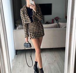 Two Piece Dress XEASY Tweed Women Two piece Set Houndstooth Vintage Office Lady Short Blazer Female Casual Slim High Waist Skirt Suit 221124