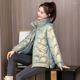 Women's Trench Coats Loose Warm Short Cotton Padded Coat For Female Shiny Quilted Zipper Down Parkas Stand Collar Thick Winter Women Glossy