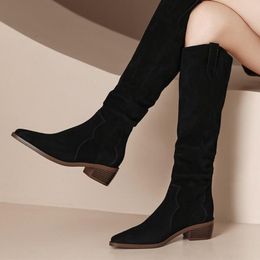 Boots Women Suede Knee High Boots Ladies Solid Pointed Toe Tall Boots Retro Roman High Heels Shoes Female Autumn Winter Long Boot 221123