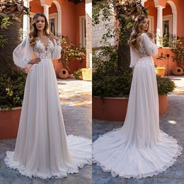 Elegant A-line Wedding Dresses Transparent Bateau V-Neck Long Tulle Sleeves Lace Layered Stain Court Gown Custom Made Plus Size Bridal Dress Vestidos De Novia