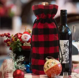 Drawstring Red Plaid Wine Bottle Cover Christmas Gift Bag Birthday Plaid Wine Bottles Bags Festive Decoration