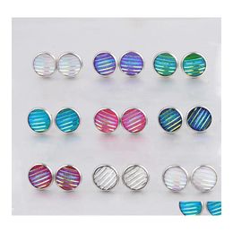 Stud 12Mm Striped Druzy Drusy Stainless Steel Stud Earrings Glittery Bright Gypsophila Resin Cabochon Earring For Women Jewelry Gift Dhoxd