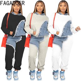 Women s Two Piece Pants FAGADOER Fall Winter Casual Hoody Set Outfits Fashion Denim Splicing Long Sleeve Pullover And Tracksuits 221123