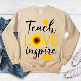 Women's Hoodies Sweatshirts Teach Love Inspire Flower Teacher Print Sweatshirts Casual Hoodies Crew Neck Longsleeved Loose Tops Women's Pullover Streetwear 221124