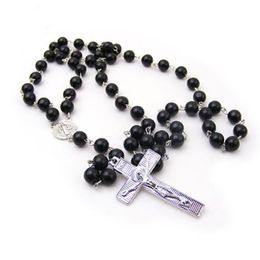 Collana con rosario nero, religiosa, elegante, cattolica, con grande croce pendente per donna, uomo, moda, perline, accessori jewerly