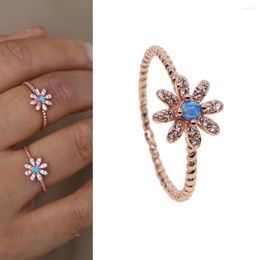 Wedding Rings Simple Flower Metal Ring Cute Rose Gold Small Daisy Blue Opal Delicate Tiny Finger Jewellery For Women