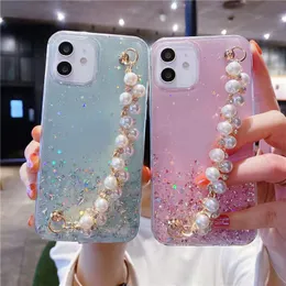 Wrist Chian Strap Pearl Bracelet Soft TPU Cases For Samsung S22 Ultra Plus M13 A04 4G M53 M33 5G A23 A73 A53 A33 A03 Core M52 A13 Bling Glitter Diamond Sequins Foil Cover