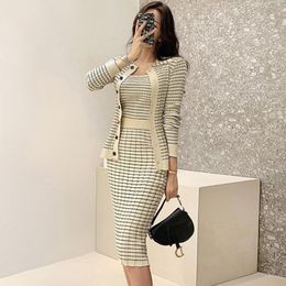 Two Piece Dress H Han Queen Korean Knitting 3 Pieces Set Women Knitted Sling Cardigan And Pencil Skirts Casual Simple Office Lady Skirt Suit 221124