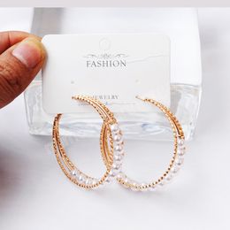 Exaggerated Large Round Three Layers Hoop Earring Metal Imitation Pearl Circle Earrings for Women New Trend Rock Jewelry Gift