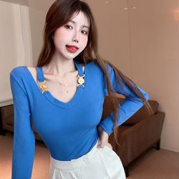 Women's TShirt Korean Chic Slim T Shirts Women's V Neck Halter Sexy Long Sleeve Tops Tees Female Patchwork Tshirt Crop Top 221124