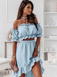 Two Piece Dress Off Shoulder Sets Women Summer Clothing Sexy Strapless Short Puff Sleeve Crop Top Skirts Set Party Club Pieces Outfits 221123