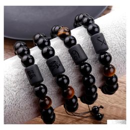 Charm Bracelets 12 Constellation Couple Bracelet Black Tiger Natural Stone Bracelets For Women Men Braided Reiki Beads Charm Jewelry Dhmqh