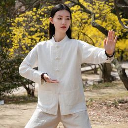 Ethnic Clothing White Yellow Cheongsam Tops Coats Women Chinese Style Linen Tang Retro Jackets Tai Chi Hanfu Shirts Fashion Oriental