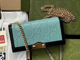 Wallets AAAAA 19cm Wallet on Chian Light Blue Embossed Leather Black Trim Purse for women with Dust Bag Box