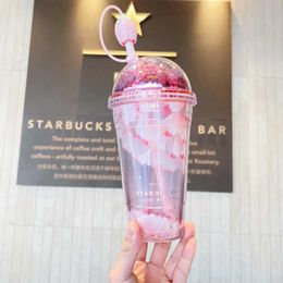 Starbucks Cherry Blossard Mug Pink sakura Doubledecker with Straw Plug Sequined Water Cup 473ml ZJ1U