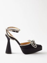 Mach Fashion Sandali Mach con doppio fiocco in cristalli e scarpe con plateau in raso di seta Nere