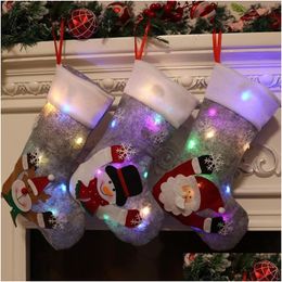 Christmas Decorations Christmas Decorations Stockings Led Socks With Snowman Santa Elk Bear Printing Xmas Candy Gift Bag Fireplace T Dhna1