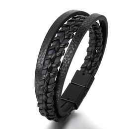 Black Multilayer Braided Bracelet Bangle Cuff Magnetic Clasp Button Bracelets for Men Fashion Jewellery