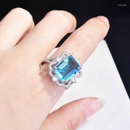 Wedding Rings High Grade Square Inlay Sea Blue Cubic Zircon Silver Luxury Eternity Ring Women's Wear Party Clothes Jewelry