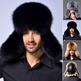 Berets Outdoor Lamb Leather Faux Fur Hunting With Ear Flaps Bomber Hat Men's Russian Winter Trapper