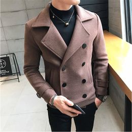 Men Blends Fashion Men Double Breasted Windbreaker Solid Colour Slim Short Woollen Coat Winter Casual Warm Size 5XL 221123