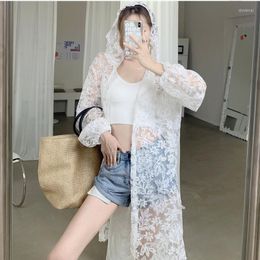 Women's Jackets Korean Lace Cover Up Women White Beach Dress Ladies Bikini Cape Summer Boho Sexy See Through Long Sleeve Hooded Cardigan E81