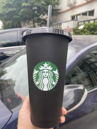 Starbucks Mermaid Goddess 24oz/710ml Plastic Mug Tumbler Reusable Black Drinking Flat Bottom Pillar Shape Lid Straw Cups B7UQ