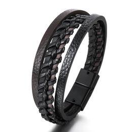 PU Leather Bracelet Bangle Cuff Black Multilayer Braided Magnetic Clasp Button Bracelets for Men Fashion Jewelry