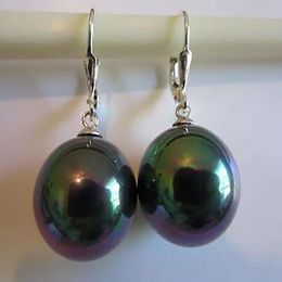 14mm Peacock BLACK Shell Pearl Dangle EARRINGS LEVERBACK 925 Sterling Silver