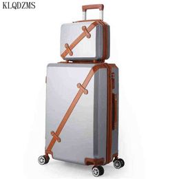 Klqdzms Pc Rolling Classic Luggage Set ''''''' Inch Abs Retro Travel Case On Wheels With Cosmetic Bag For Women J220707