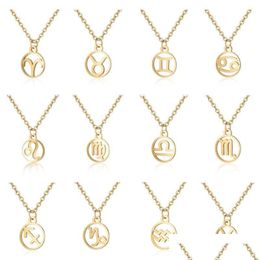 Pendant Necklaces Stainless Steel Constell Pendant Necklaces Sier Gold Coin Horoscope Sign Necklace Chains For Women Men Fashion Jew Dhrwe