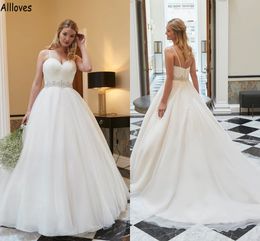 Plus Size Modern Sexy Ball Gown Wedding Dresses Spaghetti Straps Sparkle Sequins Beaded Belt Princess Bridal Gowns Tulle Pleats Backless Robes de Mariee CL1498