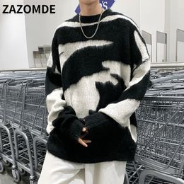 Men's Sweaters ZAZOMDE Autumn Winter Sweater Black White Block Jacquard Streetwear Tie dye Casual Pullover Harajuku High Street Top 221124