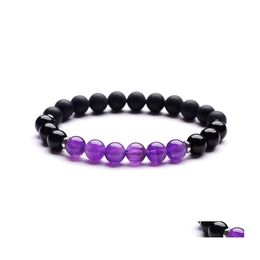 Beaded Natural Stone Bracelet 8Mm Amethyst Frosted Black Agate Mix Stainless Steel Energy Wrist Jewellery Drop Delivery Bracelets Dhkfp