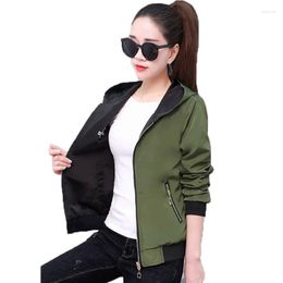 Women's Jackets Casual Short Baseball Jacket Women Hooded Long Sleeve Slim Zipper Green Coat Female Fashion Two Side Spring Autumn Outerwear