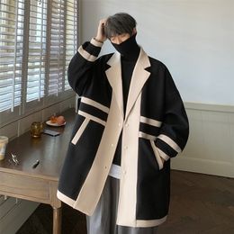 Men Blends Korean Style Patchwork Color Woolen Coat Winter Casual Loose Windbreaker Mid length Men Trench 2XL M 221123