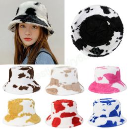 INS Winter Faux Fur Fluffy Cow Print Bucket Hats Women Outdoor Warm Ski Hat Soft Velvet Furry Fisherman Cap Girl Tie-dye Panama